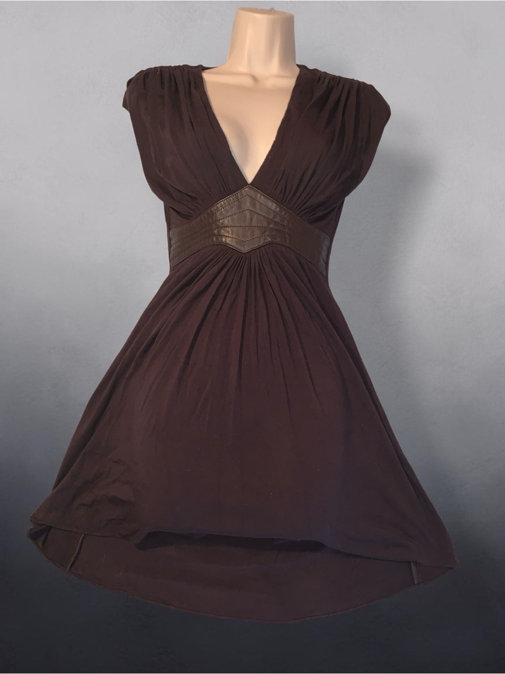 Sky Brand Brown leather V‑Neck Empire Waist Mini Dress size Medium